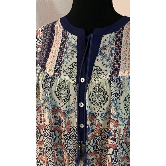 DR2 Daniel Rainn Top Womens Medium Floral Boho Peasant Roll Tab Flowy Blouse - Picture 2 of 10